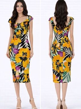 Va Va Voom Yellow & Purple Tropical Scoop-Neck Midi Dress